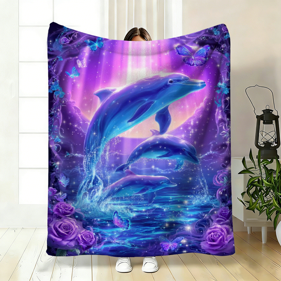 Jumping Dolphin Pattern Flannel Throw Blanket. Cozy All Season Decorative Blanket for Home Decor, Bed and Couch.