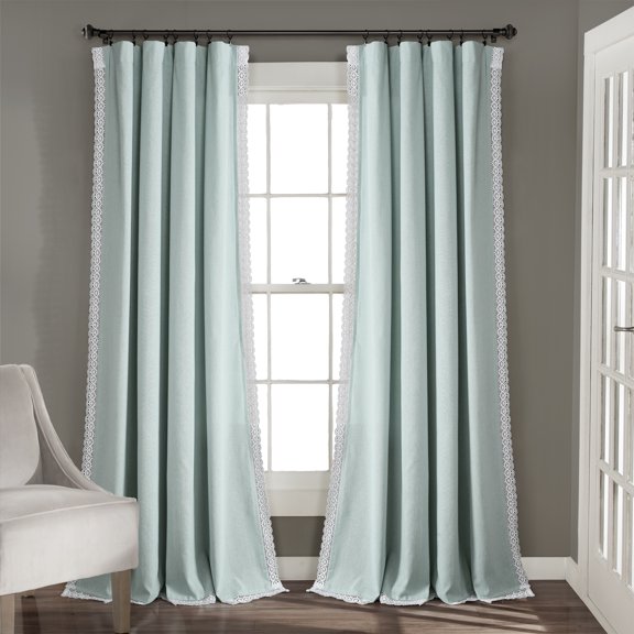 Lush Decor Rosalie Faux Linen Delicate Lace Edge Solid Color 3" Rod Pocket Light Filtering Window Curtain Panel, Blue, 120"L x 54"W, Set of 2