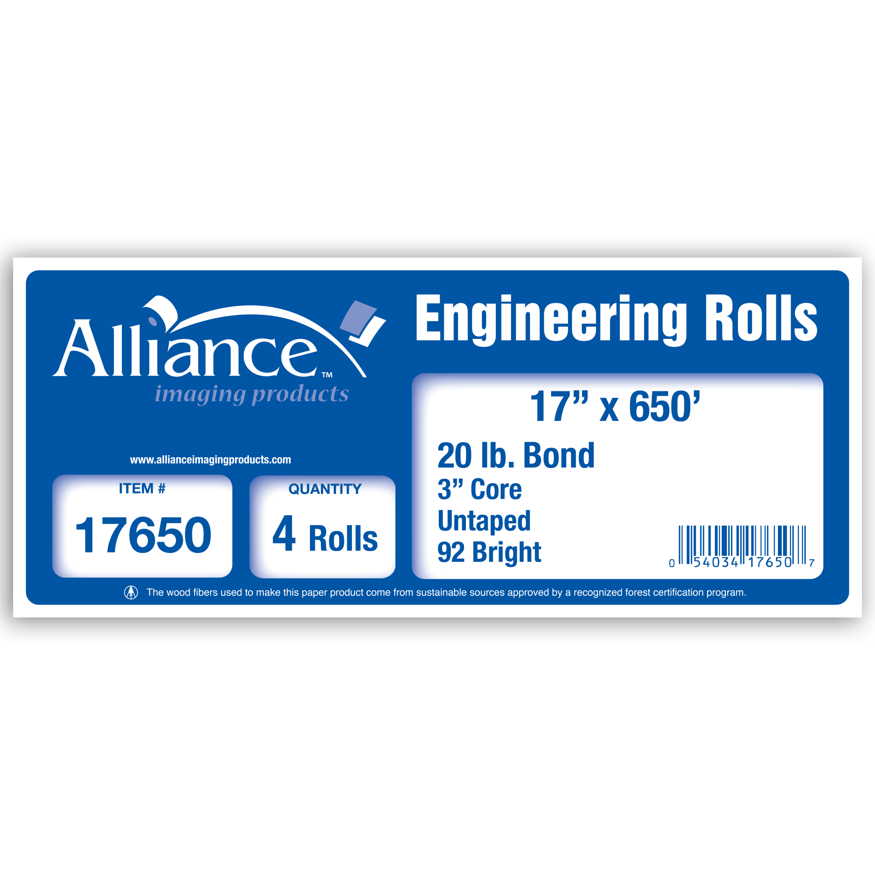 Alliance Wide Format Engineering Paper 20 lb. Bond 17" x 650' 4 Rolls 17650