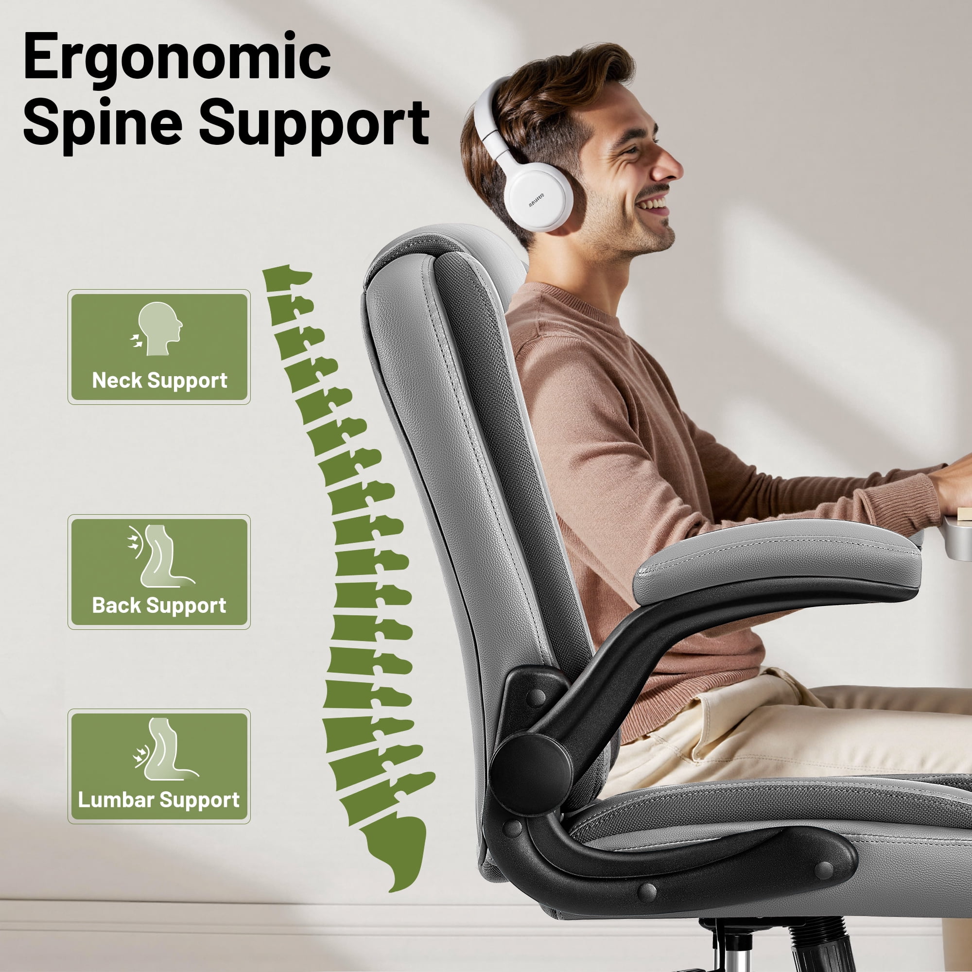 ATHOPE Leather Office Chair, 400lbs Ergonomic Desk Chairs with Back Support, Computer Chair with Wheels and Adjustable Armrest for Home Office, 360°Swivel Free, Gray