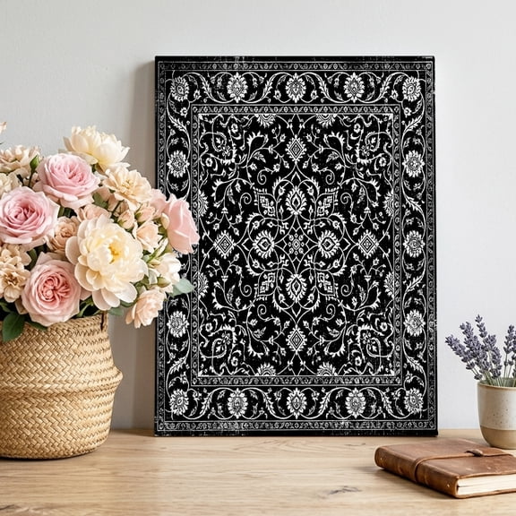 Black Boho Paisley Canvas Wall Art for Living Room, Vintage Floral Classic Traditional Poster Print Painting for Bedroom Office Home Decoration Wall Pictures Prepare To Hang 16"x20"