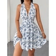 thumbnail image 4 of Blue And White Floral Print Halter Neck Sleeveless Fit & Flare Mini Dress For Women, 4 of 8