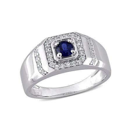 5/8 Carat T.G.W. Created Blue Sapphire and Created White Sapphire Sterling Silver Halo Men's Band