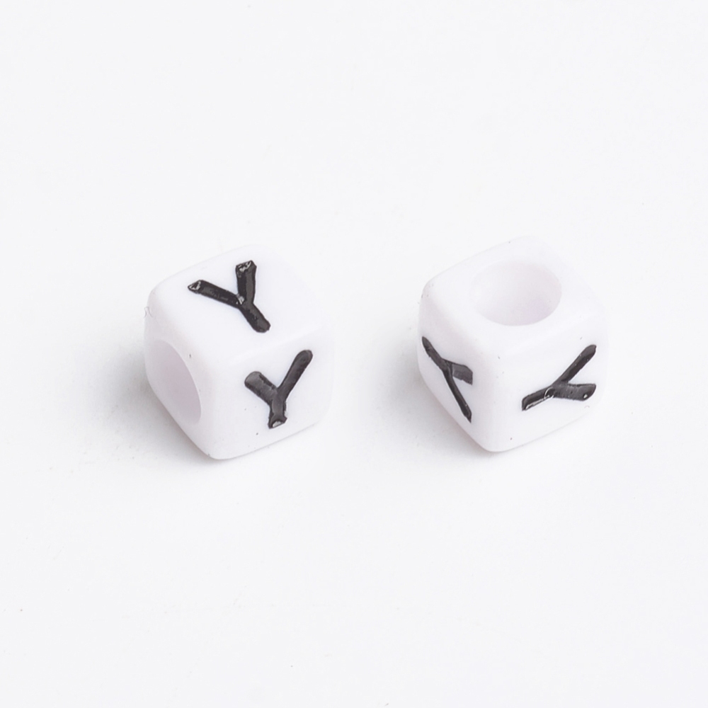 500g Acrylic Horizontal Hole Letter Beads Cube White Letter Y Size: 6mm wide 6mm long 6mm high hole: 3.2mm 2600pcs/500g