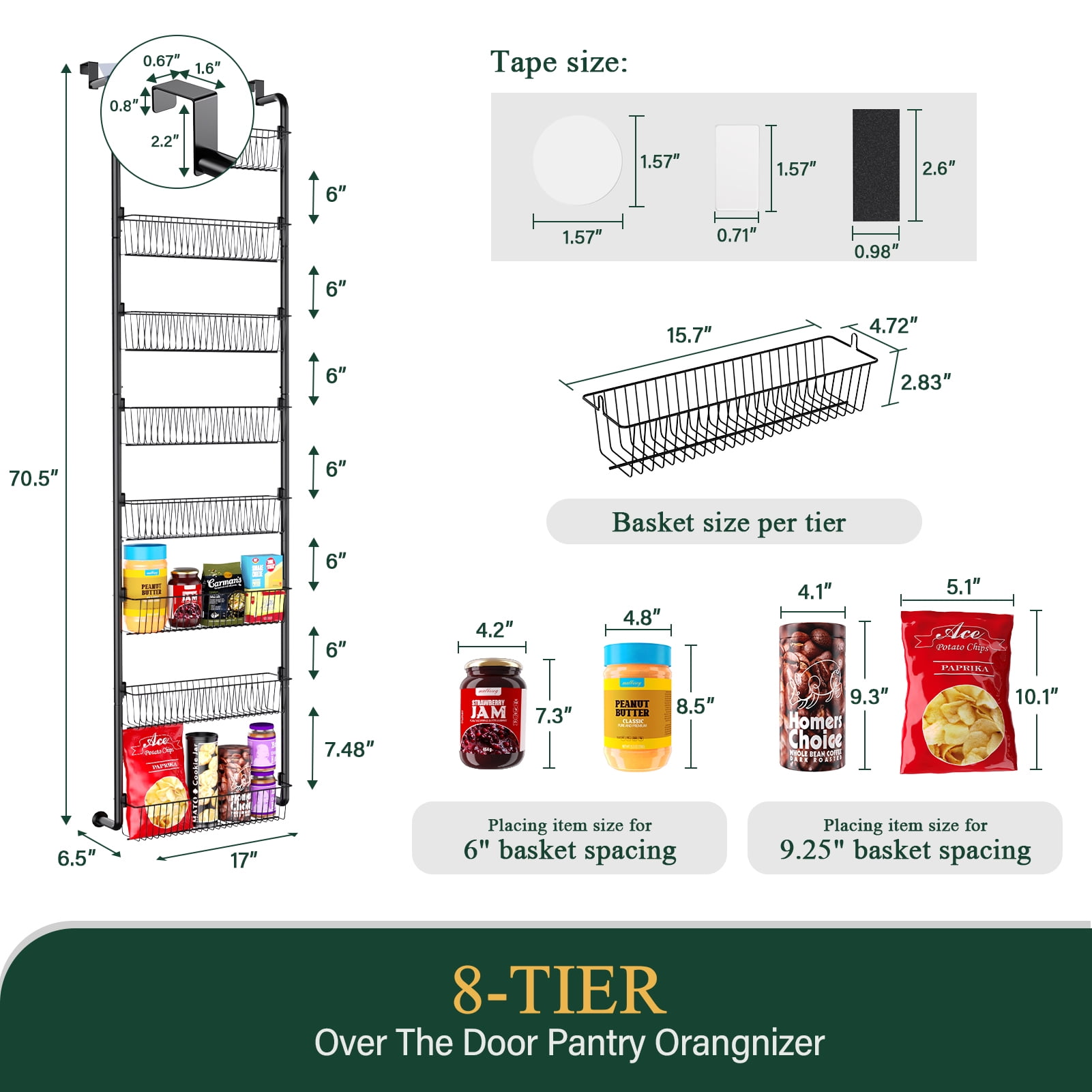 Yeabett 8-Tier Over the Door Pantry Organizer, Larger Baskets Metal Pantry Organization and Storage, Door Back Hanging Space Saver for Kitchen, Laundry, Bathroom, Black