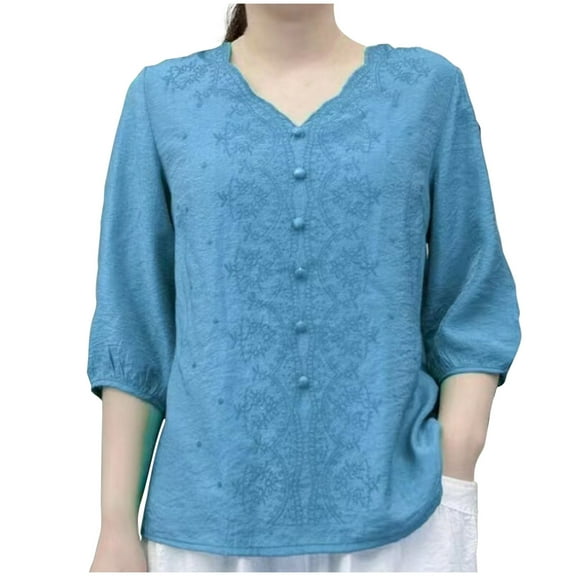 Womens Cotton Linen Tops, Short Sleeve Shirts for Women Plus Size Casual Loose Fit Solid Color V Neck Dressy Blouses