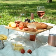 Kato Outdoor Wine Picnic Folding Portable Bamboo Table 15.7 x 11.8 x 1.8, Camping with Wine Glasses & Bottle Holder for Concerts at Park, beach, Ideal Wine Lover Gift