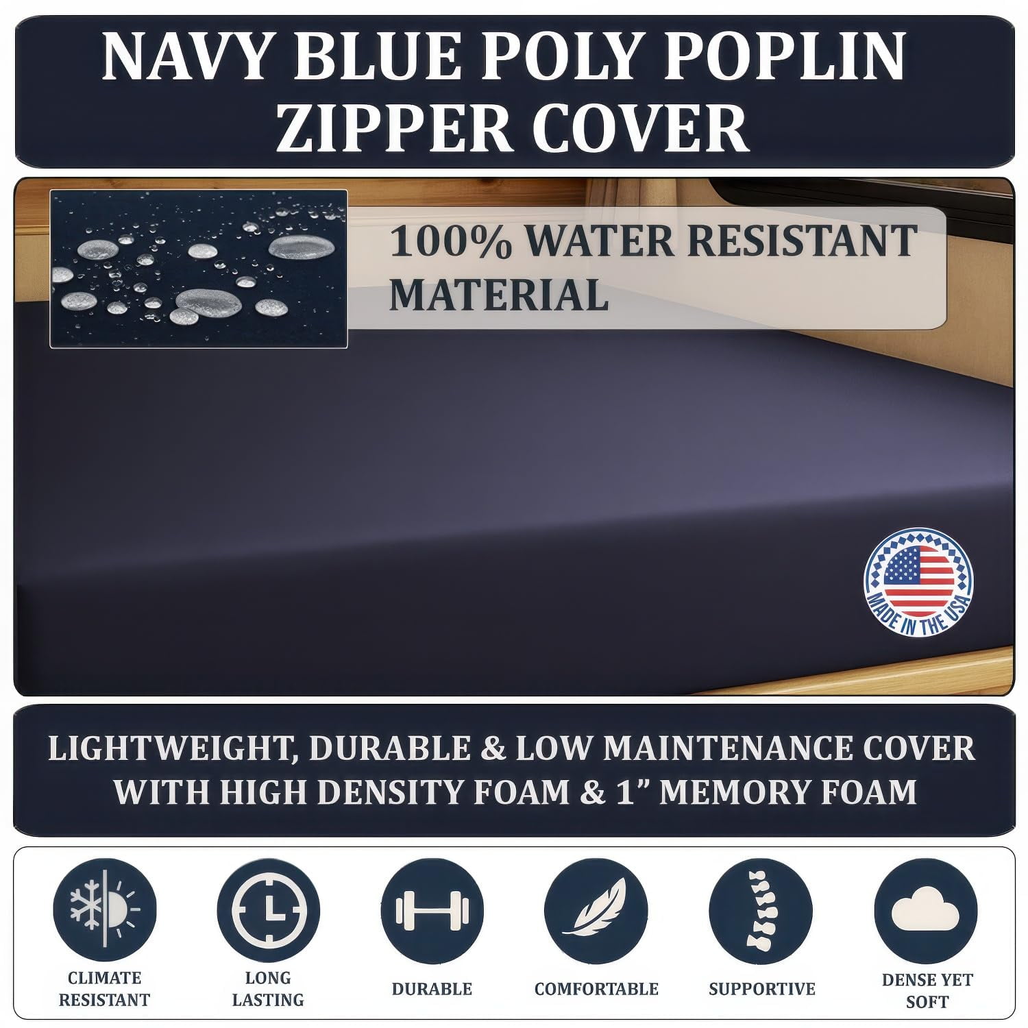 Foamma 8” x 38” x 80” Water Resistant Gel Memory Foam RV Bunk Mattress, Firm High Density Foam Base, Comfortable and Durable Polyester Cover, Truck, Camper, Travel Trailer, Made in USA