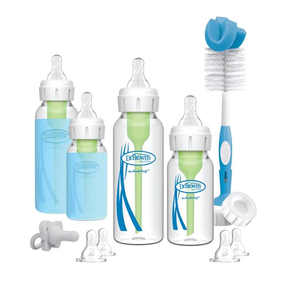 Dr. Brown's Natural Flow Anti-Colic Options+ Narrow Glass Baby Bottle Starter Set with Silicone Glass Bottle, Baby Bottle Brush and Soft 100% Silicone HappyPaci Pacifier for Newborns