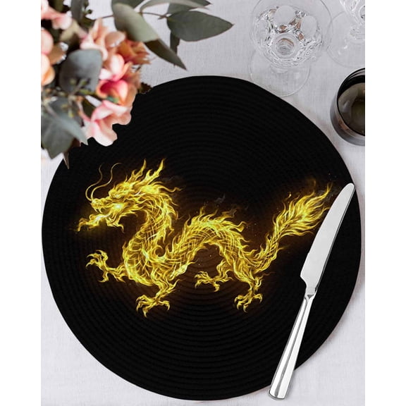 15 Inch Round Placemats Set of 6, Dragon Flames Non Slip Heat Insulation PP Table Mats, Yellow Dragons Abstract Modern Art Washable Place Mats for Kitchen Dining Party Table Decor