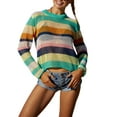 thumbnail image 1 of Arvbitana Women Bikini Cover Ups Shirt Striped Knitted Cutout Loose Long Sleeve Tops Blouses for Beach Bathing Suit S-XL, 1 of 9