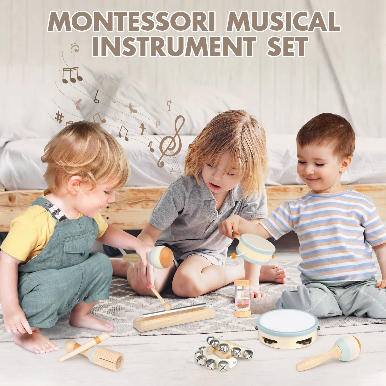 Vanplay 8-Piece Wooden Musical Toys for Toddlers 18+ Months – Birthday Easter Gift for Boys and Girls with Drum, Preschool Educational Instrument