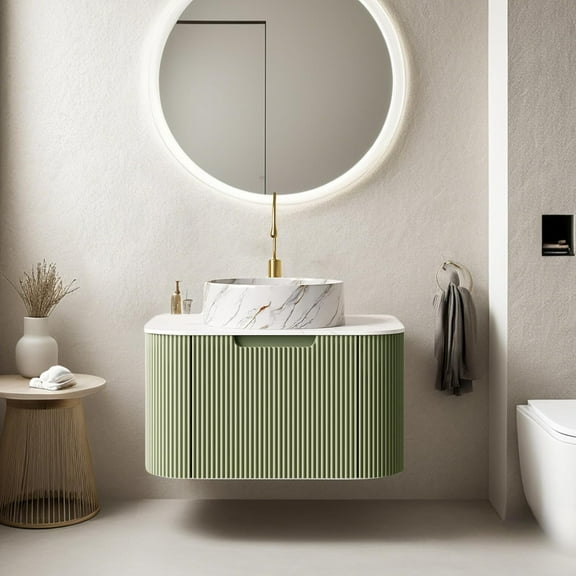 24" Floating Bathroom Vanity with Sink, Wall Mounted Bathroom Cabinet with Ultra-Thin Marble Sink and Countertop, Large Drawer for Ample Storage Space, No Assembly Required, Light Green