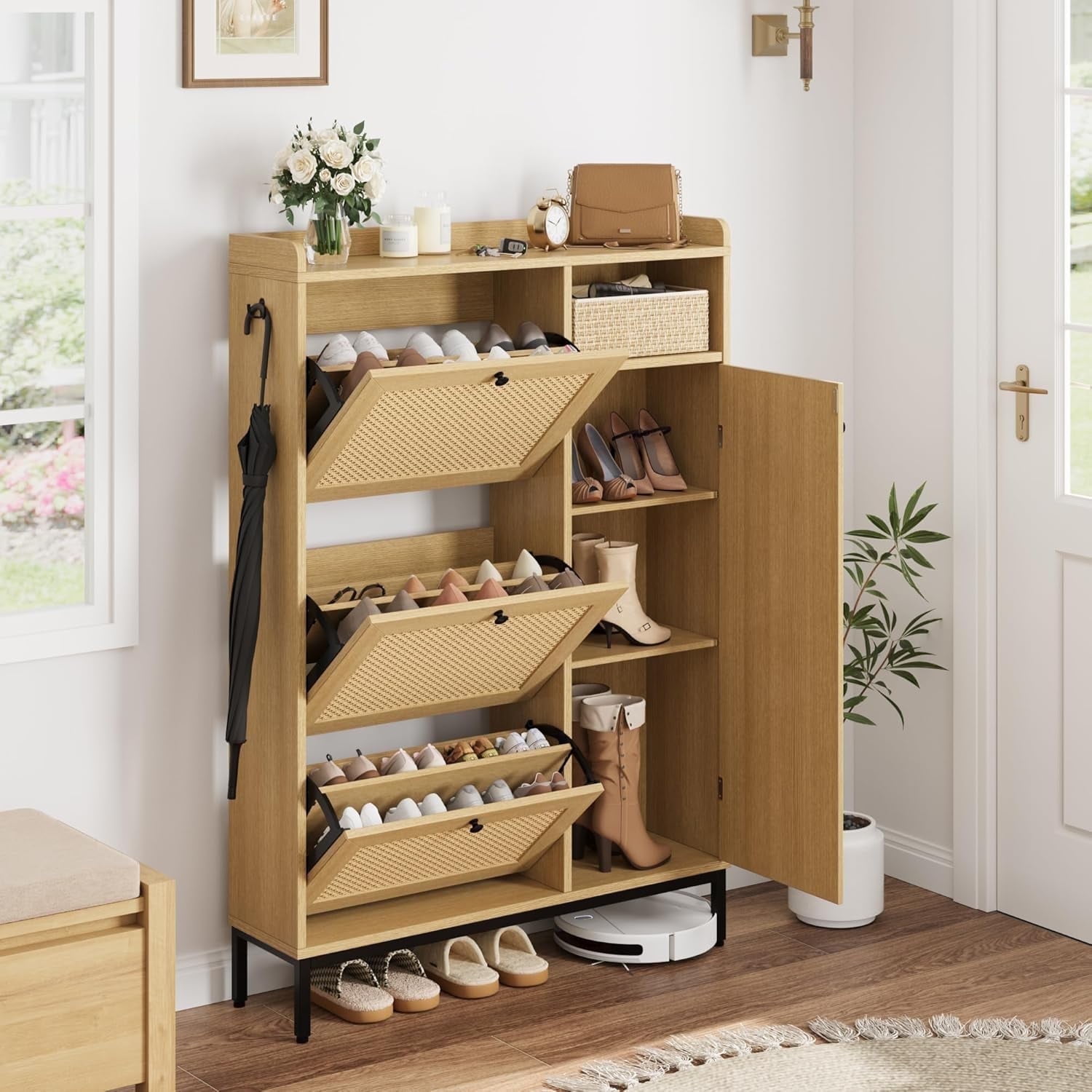 Friendly Rattan スリッパ　シューズラック　シェルフ Ktaxon Rattan Shoe Cabinet with 4 Flip Drawers, 8 Layers, Holds 24