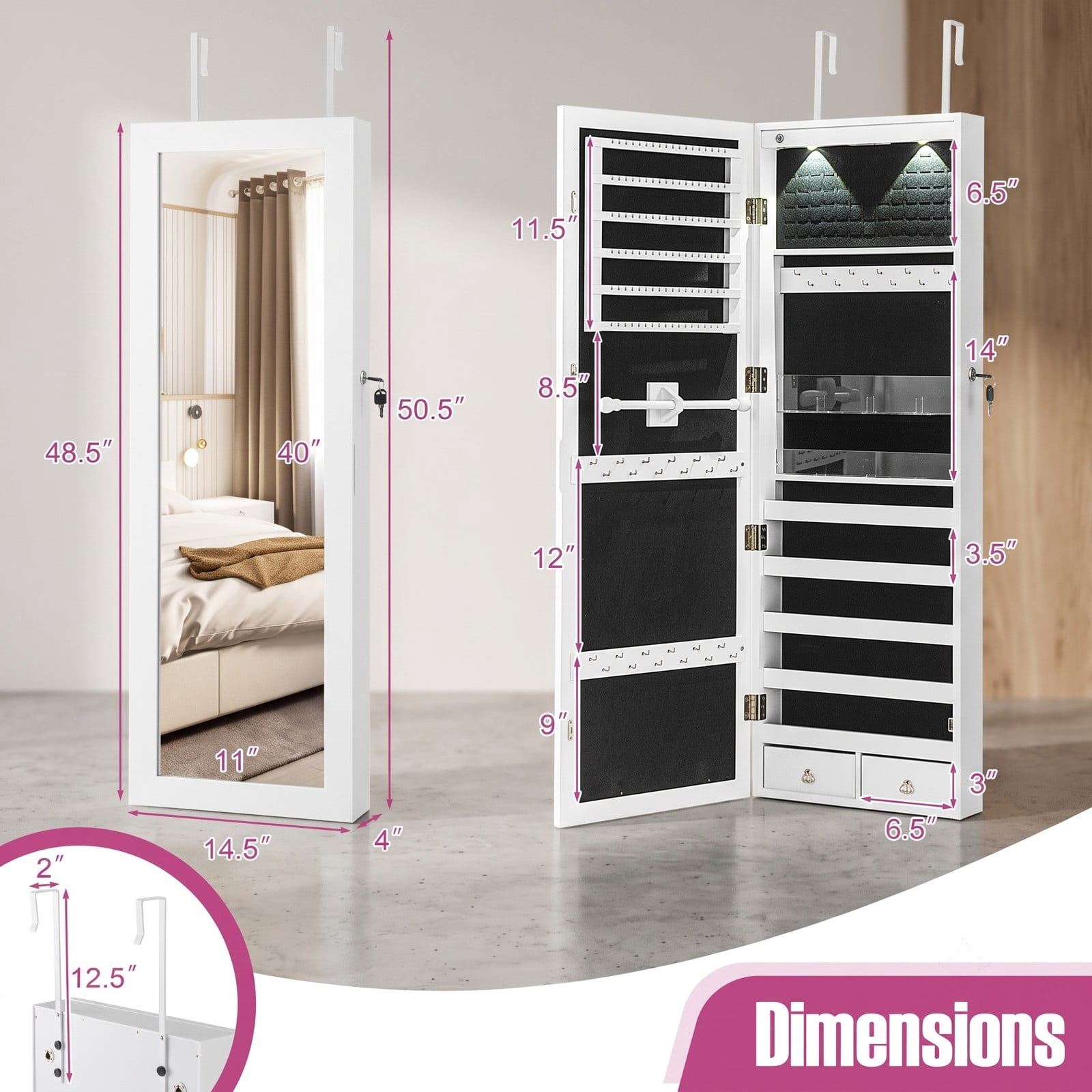 Furnibear Lockable Wall and Door Mounted Jewelry Cabinet with Full-Length Mirror and 8 LED Lights for Bedroom Rings and Necklace Storage, White