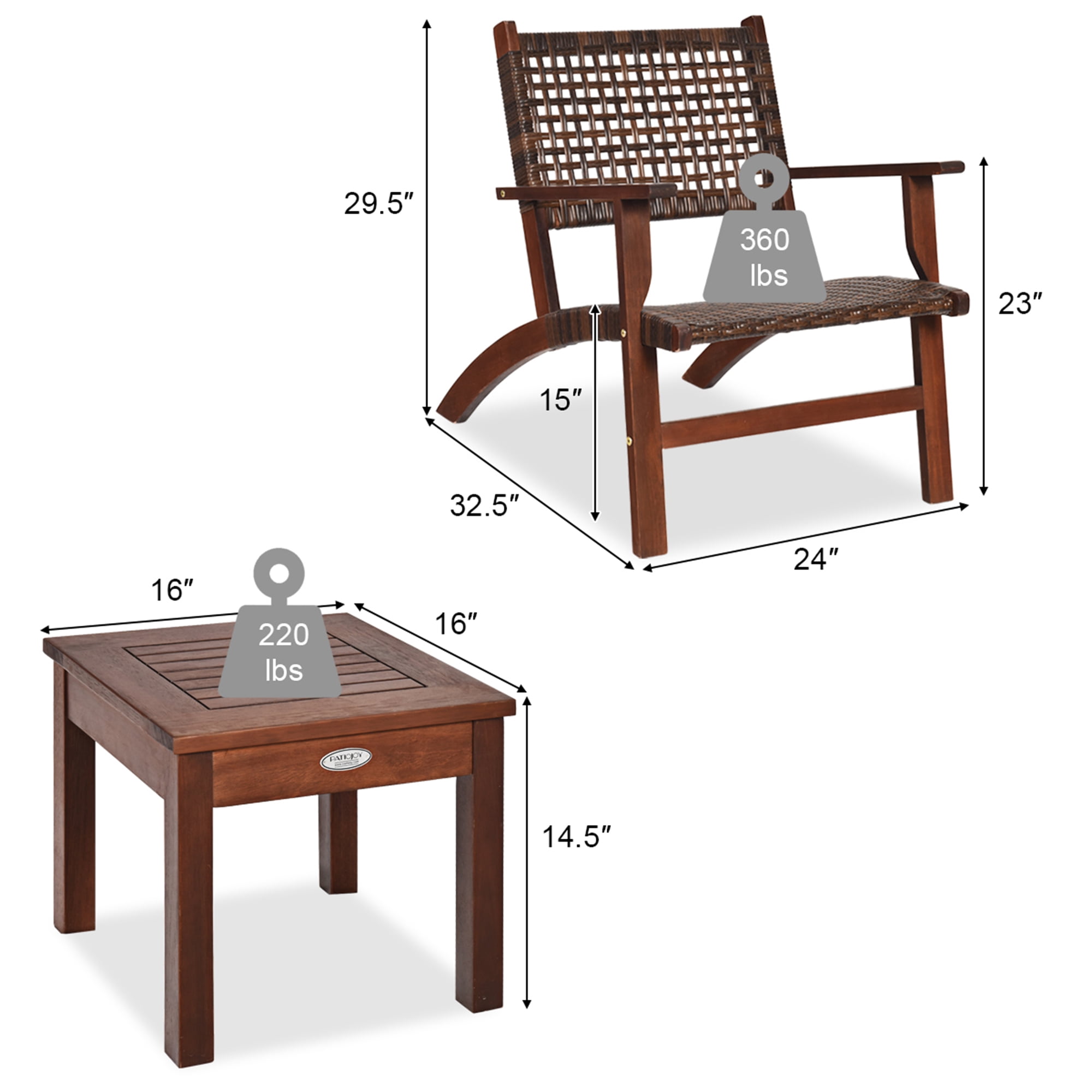 Costway 3PCS  Patio Rattan Furniture Set  Solid Eucalyptus Wood Frame Bistro Set with Coffee Table Patio Conversation Set (Brown)