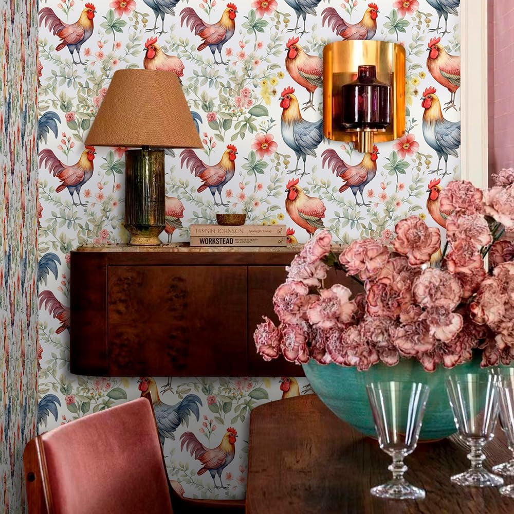 Rustic Watercolor Flowers Red Yellow Pink Rooster Farm Peel and Stick Wallpaper Contact Paper Vintage Vinyl Stick on Wall Paper for Bedroom Bathroom Kitchen Cabinet Renter Friendly