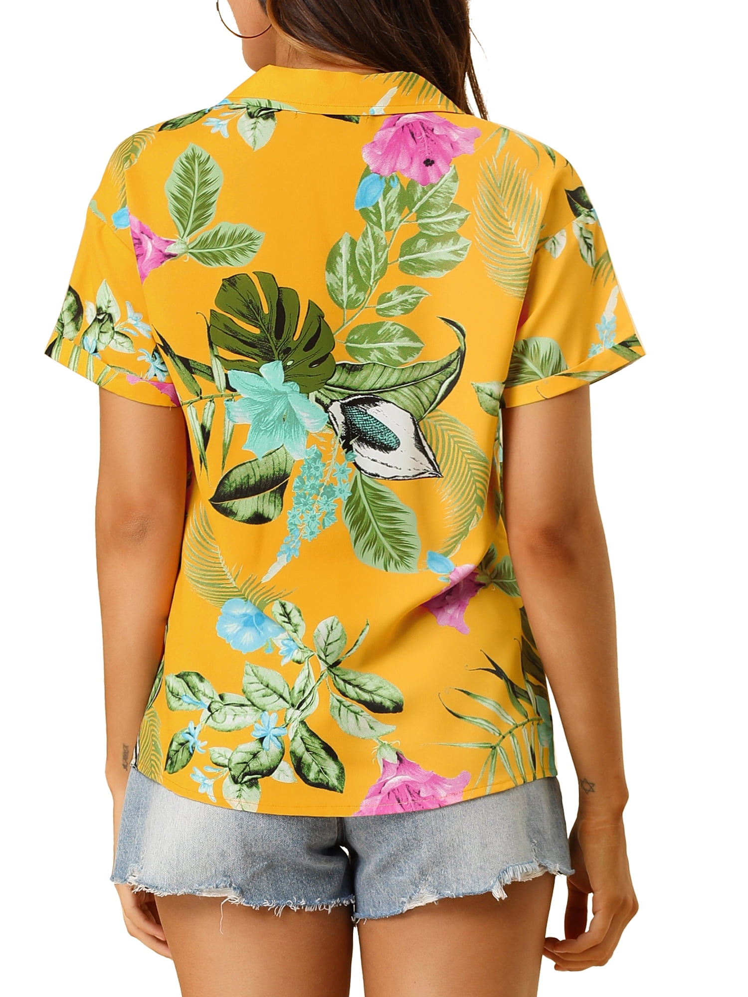 DARING DIVA Floral Leaves Print Short Sleeve Beach Top M Yellow