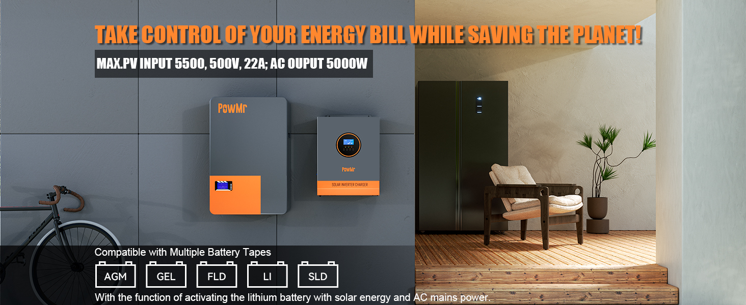5000W Split Phase120V 110V AC Grid Tie 48V All In One Hybrid Inverter Built 100A MPPT Solar Charger Max Parallel 6 Inverters