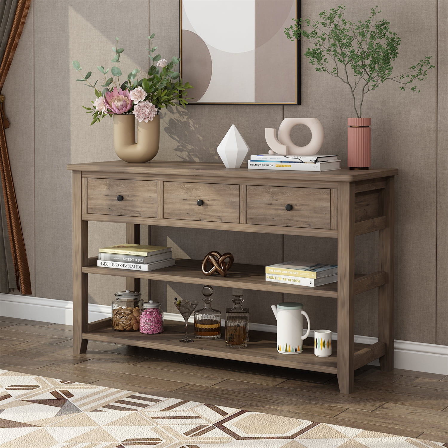 47" Console Table with 3 Drawers and 2 Open Shelves, Modern Sofa Table with Wood Frame and Legs, Entryway Table for Living Room Kitchen, Wash Gray