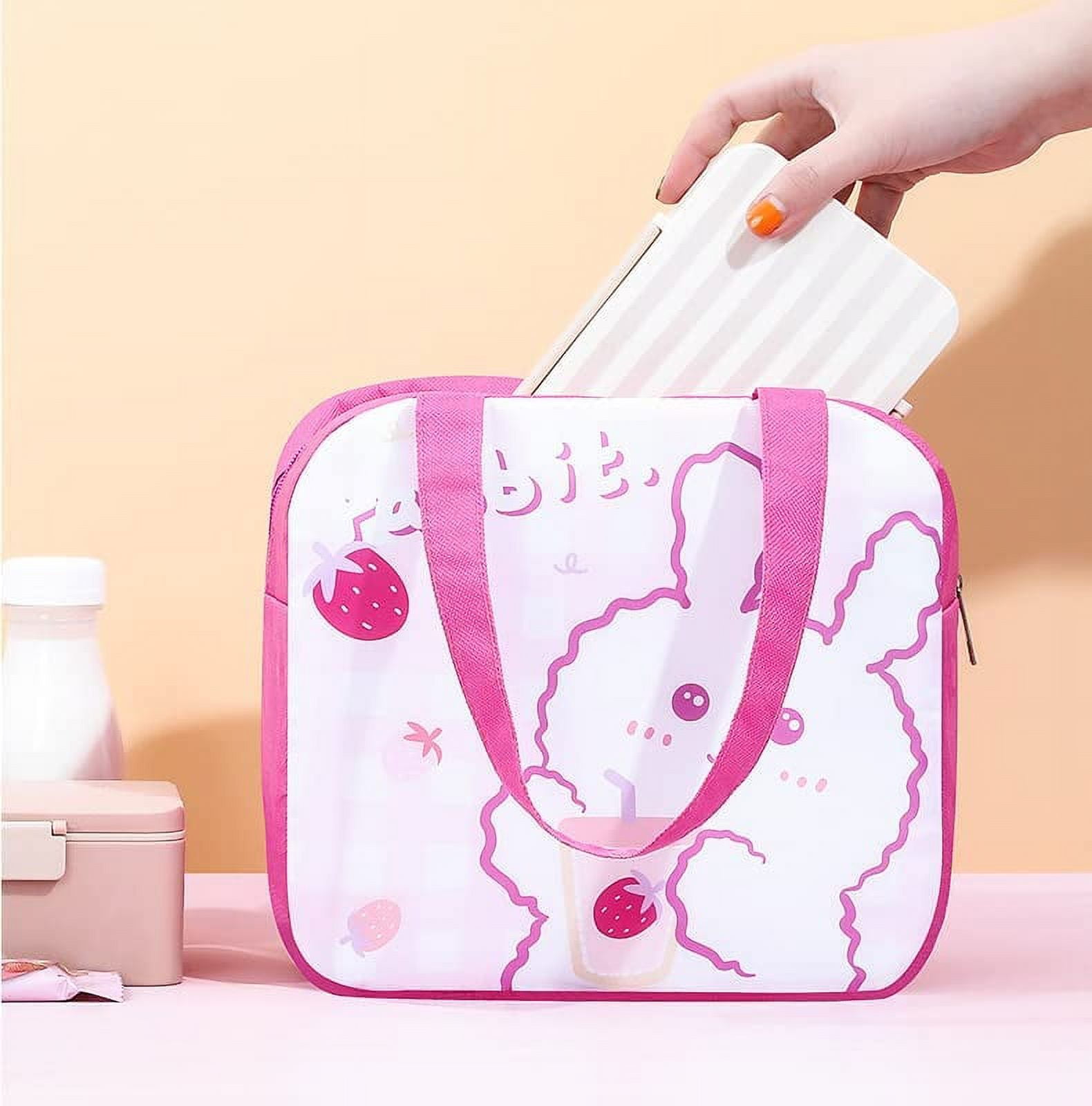 Danceemangoos Kawaii Lunch Bag Cute Embroidery Lunch Box Large Capacity Japanese Aesthetic Insulated Tote Bag for Back to School Supplies (Pink)