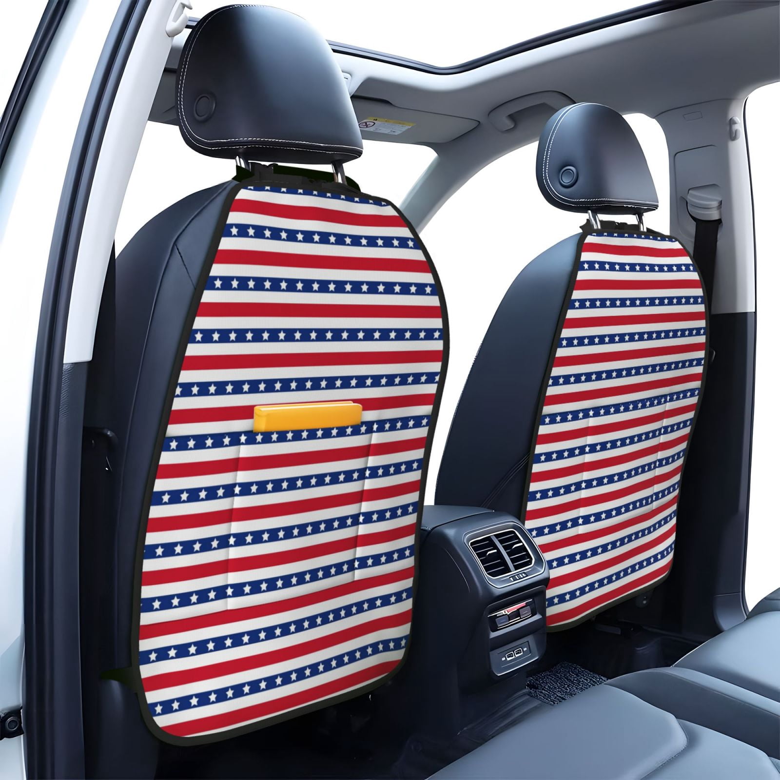 Kdxio Stars And Stripes Print 2 Pack Car Kick Mat Seat Cover Back Protector Mat with Pockets for Organizer Backseat Protector and Storage Anti Kick Pad for Vehicles