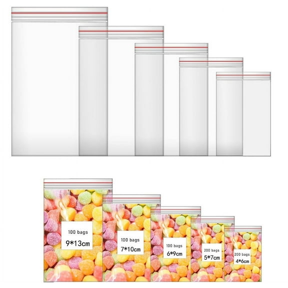 NOGIS 700 PCS Small Plastic Bags, 5 Different Size Resealable Plastic Bags, Assortment Jewelry Bags with Zipper,Reclosable Transparent Zipper Poly Bags for Jewelry Cookie Candy Beads Packaging