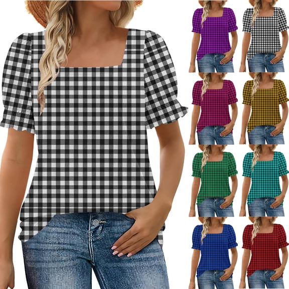 Agkizg Women's Plaid Print Blouse Short Sleeve Ruffle Trims Casual Fashion T Shirt Top