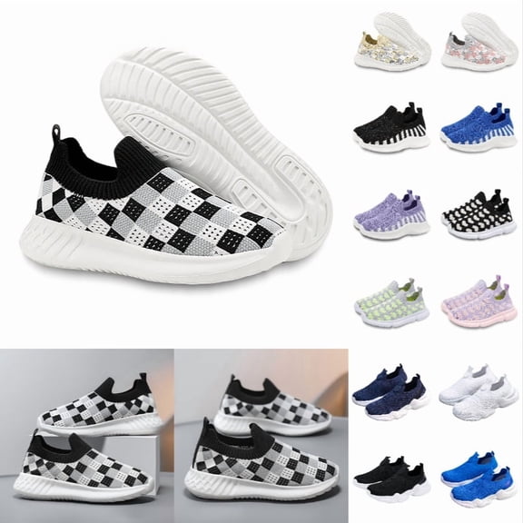Krdevn Slip On Kids Sneakers, Breathable Knit Mesh Lightweight Non Slip No Laces Athletic Shoes for Boys Girls,Black