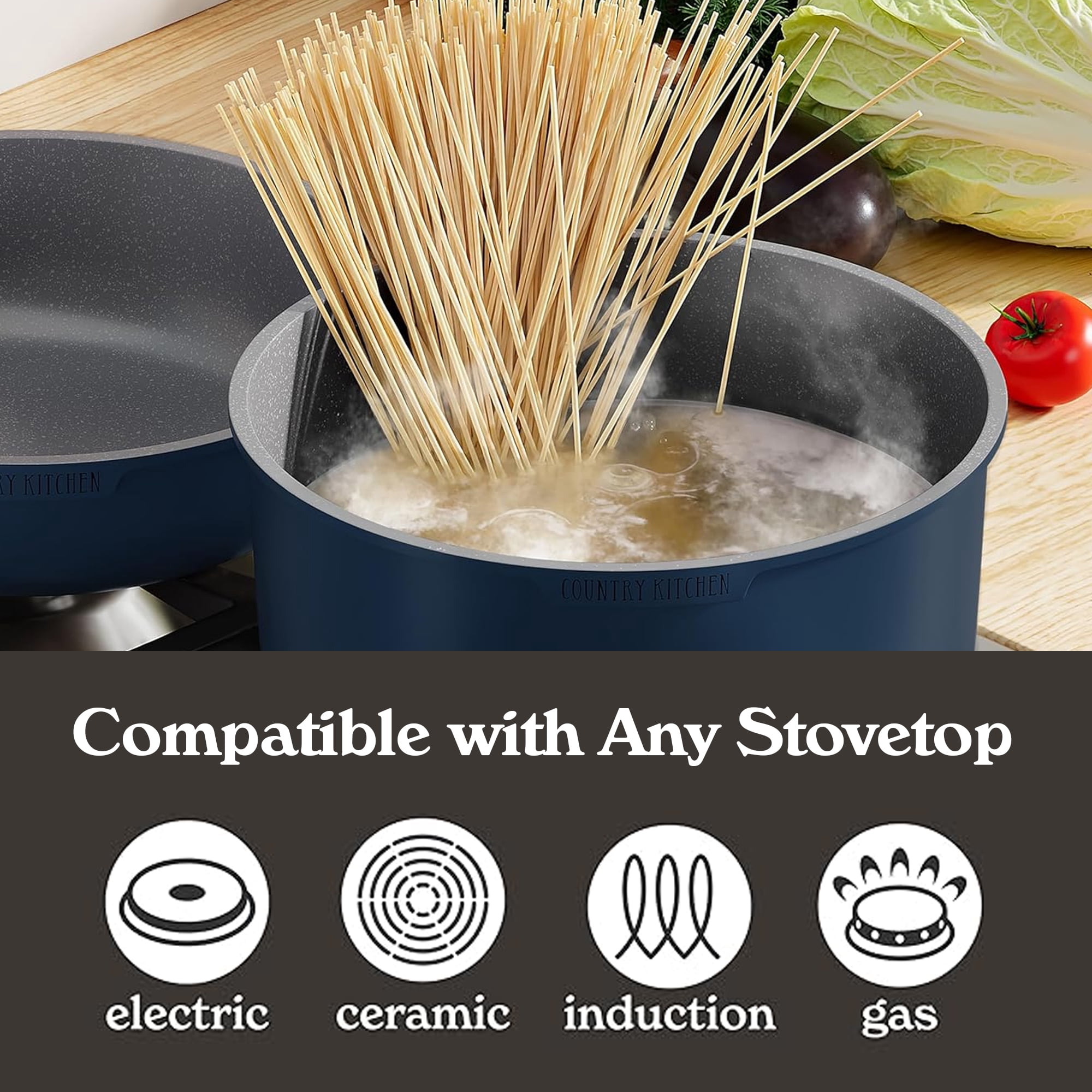 Country Kitchen Pots and Pans Cookware Set, 16-Piece, Ceramic Coated, Removable Handle, Denim