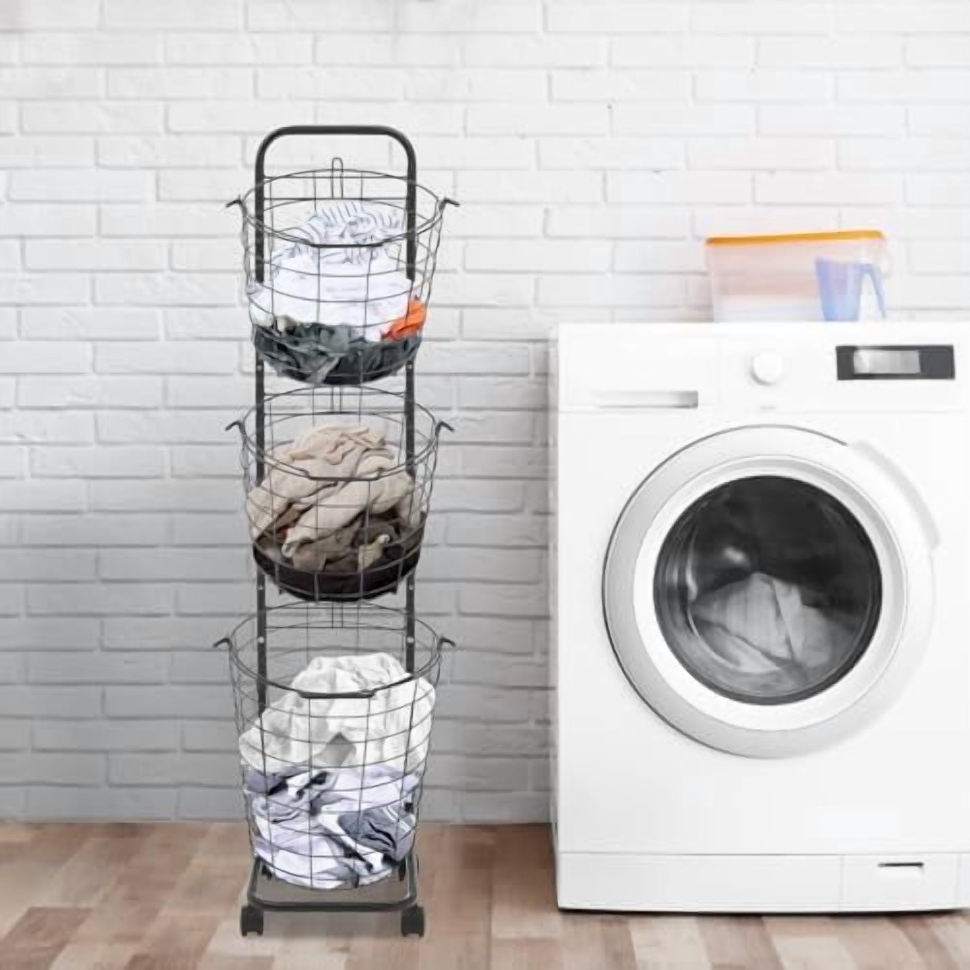 Laundry Basket on Wheels, 3 Tier Large Laundry Hampers, Rolling Stackable Storage Laundry Cart with Removable Wire Organizer Baskets Clothing Sorting Laundry Baskets