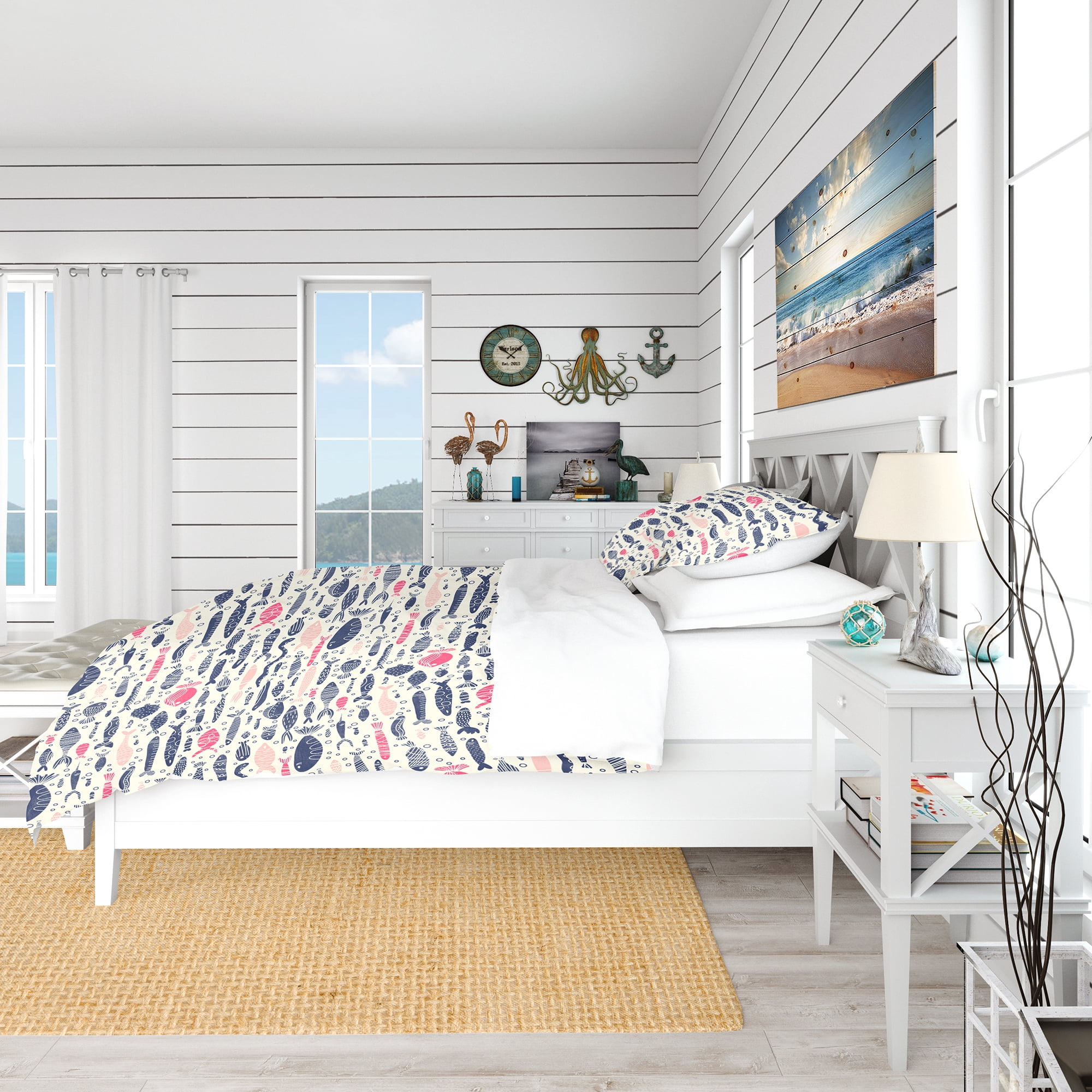 Designart 'Cute Fishes with Doodles' Nautical & Coastal Duvet Cover Set