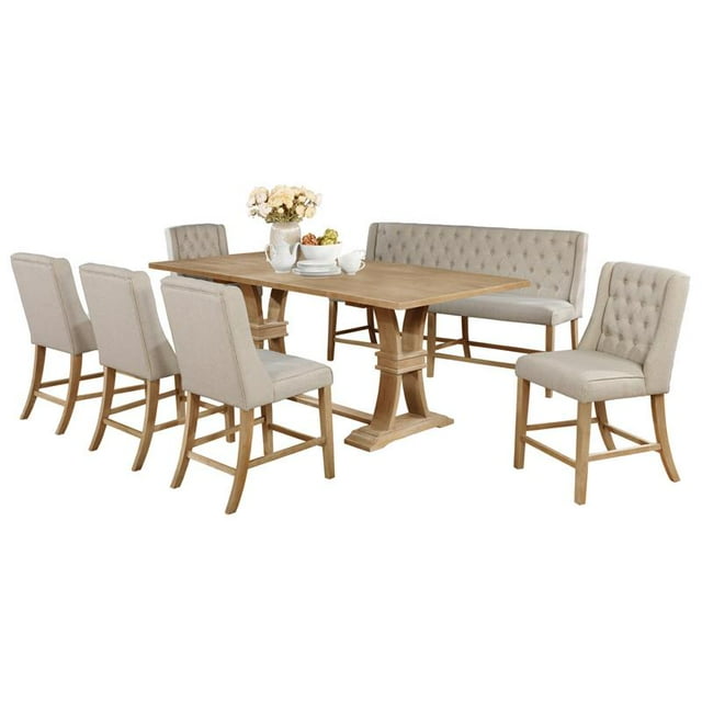 Ensemble de Salle à Manger en Bois Naturel avec Table Extensible + Sièges Beiges
