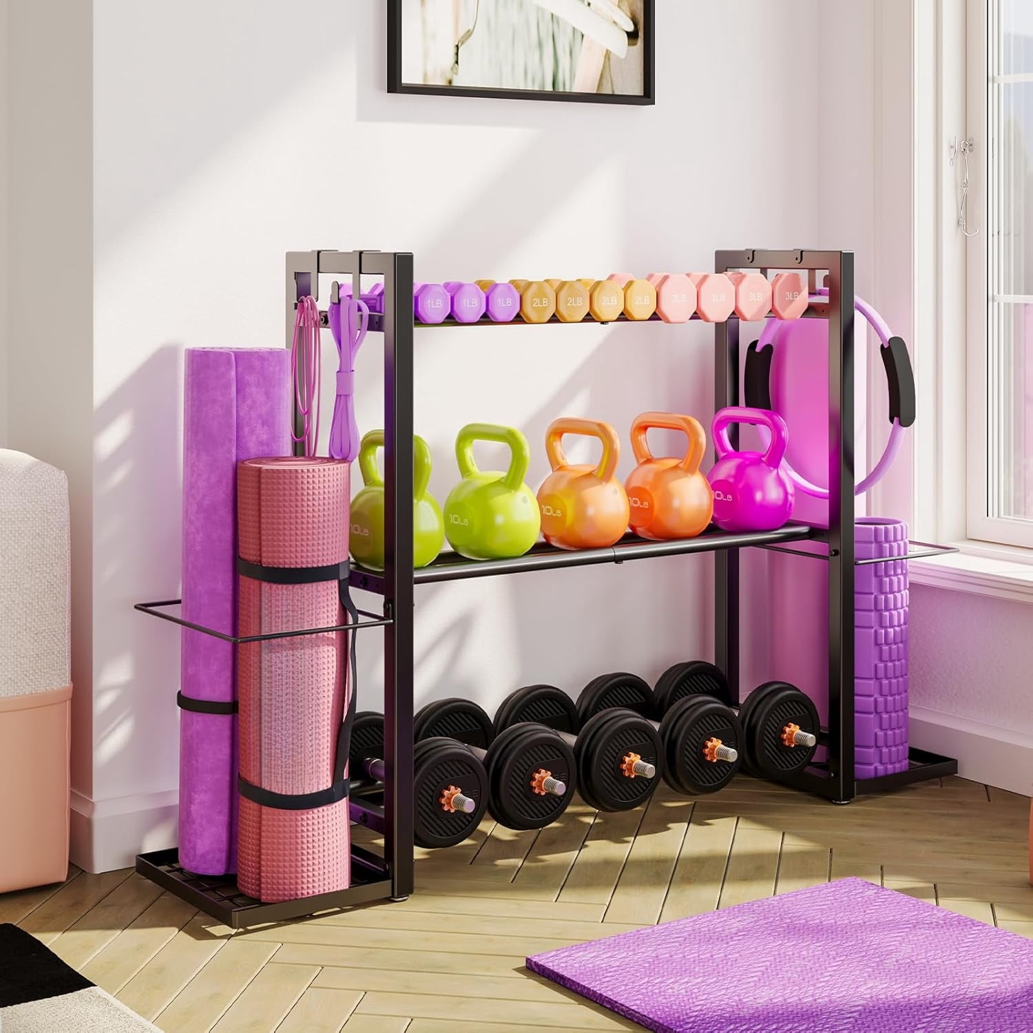 3-Tier Adjustable Heavy Duty Metal Dumbbell Rack, Multi-Purpose Home Gym Storage Stand, Dumbbell Kettlebells Rack & Yoga Mat Organizer for Gym Accessories