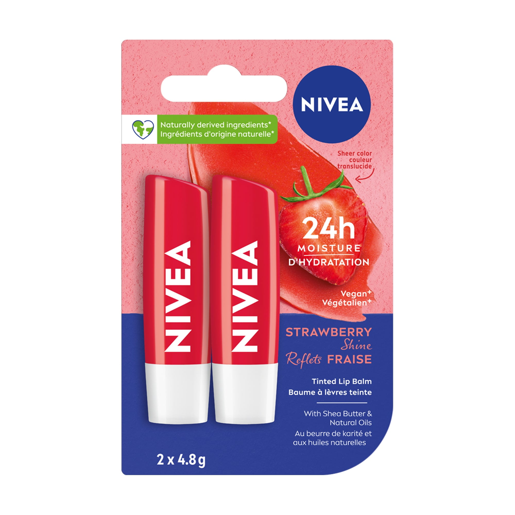 NIVEA Strawberry Shine Tinted Caring 24H Moisture Lip Balm Sticks, Duo Pack, 2 x 4.8g
