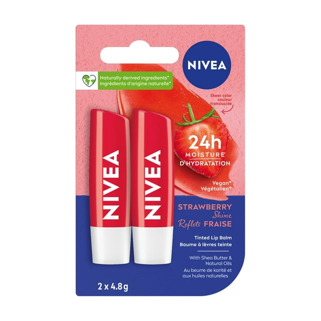 NIVEA Strawberry Shine Tinted Caring 24H Moisture Lip Balm Sticks, 2 pack