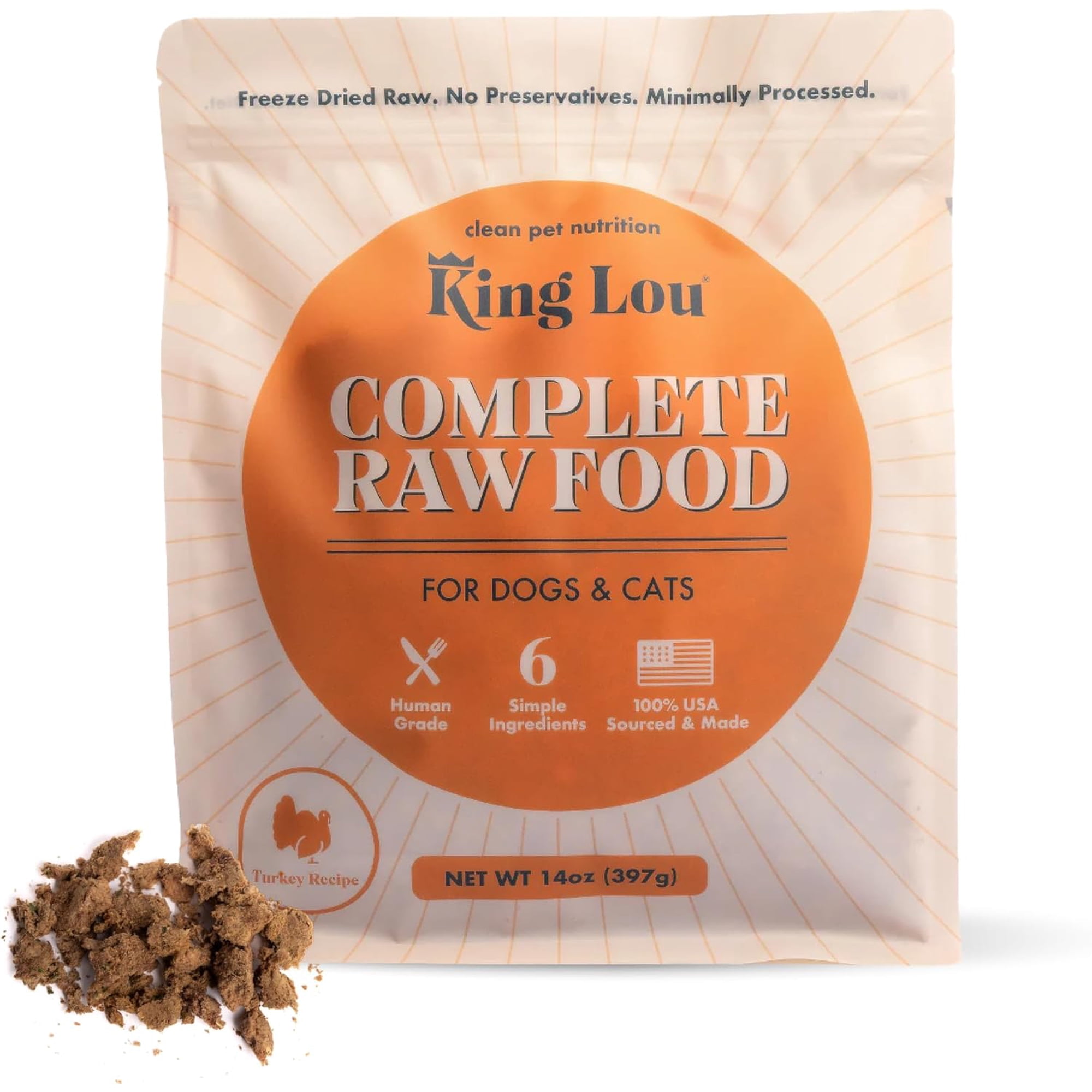 King Lou Pets - Human Grade Raw Food for Dogs and Cats - Complete Meal for Pets - Freeze Dried Turkey Recipe - 14oz