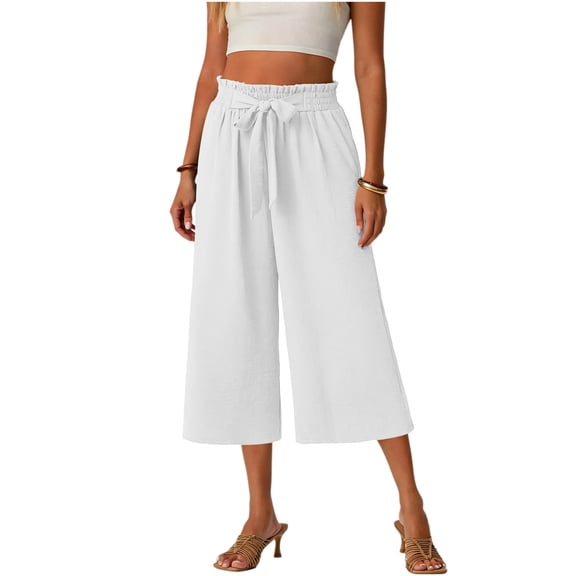 Qiopertar Women's Summer Loose Straight Leg Pants Ruffle Tie Detail Casual Elastic Waist with Pockets Cropped Capri Trousers, White L
