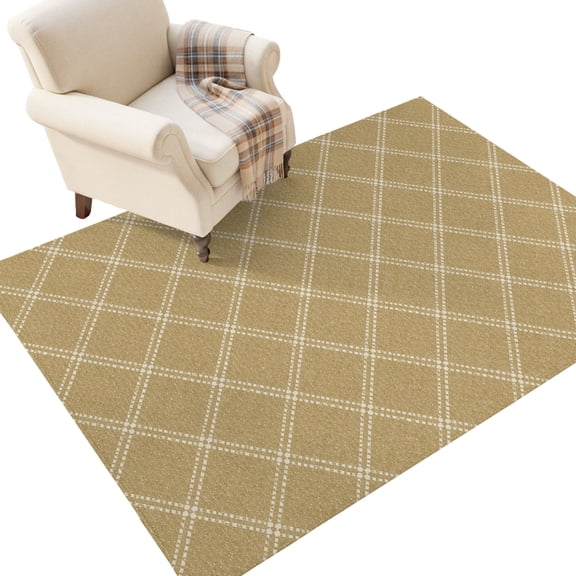 Beige Diagonal Plaid Washable Area Rug 3 x 5 ft Modern Crosshatch Lines Argyle Geometric Soft Non‑Slip Rugs Stain Repellent Indoor Mats for Entry Foyer, Apartment Living Corner Dining Nook