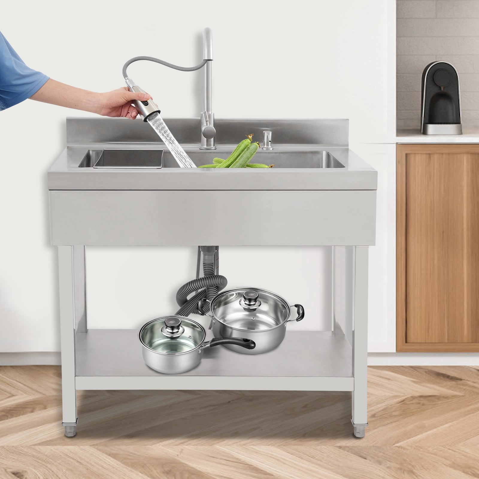 Utility Sink, Stainless Steel Kitchen Sink with Faucet, Freestanding Laundry Tub with Pull-Out Sprayer, 2 Water Modes, Durable & Large Capacity