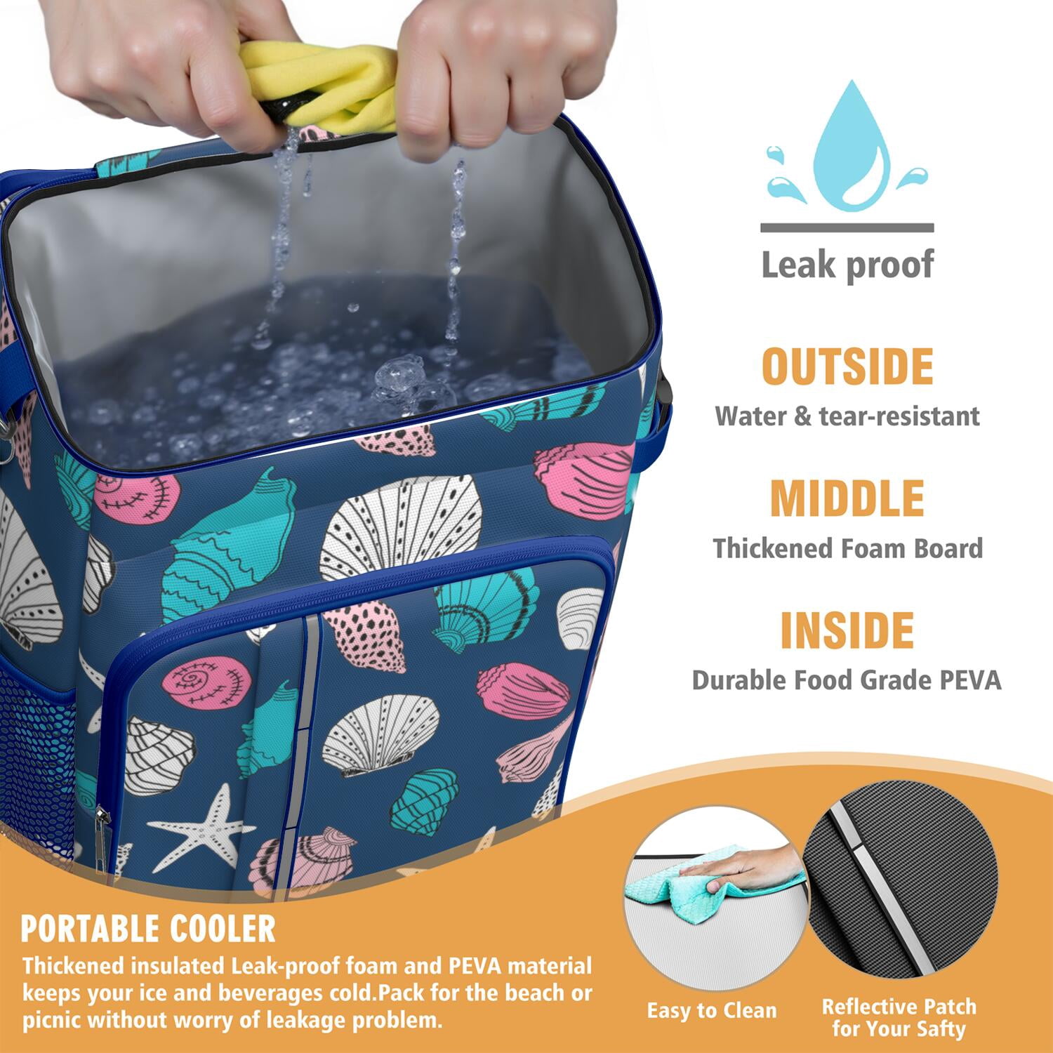 Tropical Cooler Backpack 20L - High-Capacity Insulated Beach Bag with Seashell & Starfish Design, Perfect for Outdoor Adventures