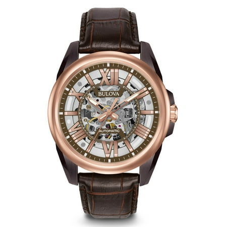 - Bulova 98A165 Men's Automatic Brown Skeleton Dial Brown Leather Strap Watch