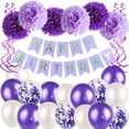 thumbnail image 1 of Adornos de cumpleaños morados para mujeres y niñas, suministros de decoración de fiesta de cumpleaños con globos rosas y morados, cartel de lunares circulares de feliz cumpleaños, farolillos de papel JAMW Sencillez, 1 of 5