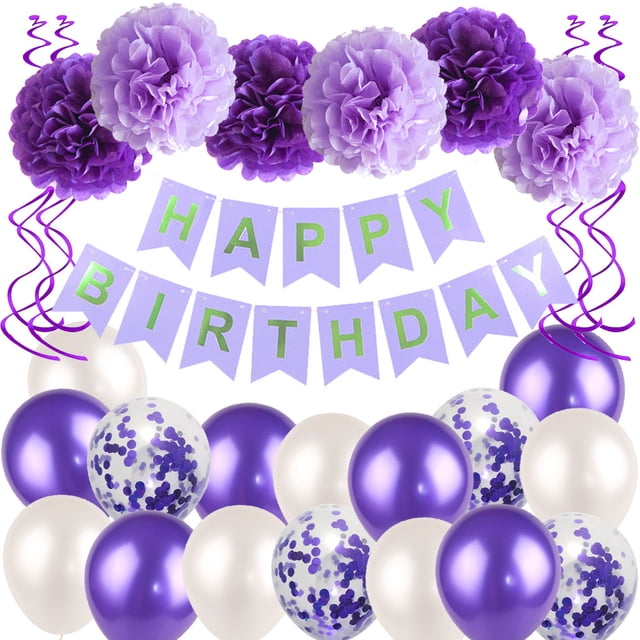 Adornos de cumpleaños morados para mujeres y niñas, suministros de decoración de fiesta de cumpleaños con globos rosas y morados, cartel de lunares circulares de feliz cumpleaños, farolillos de papel JAMW Sencillez