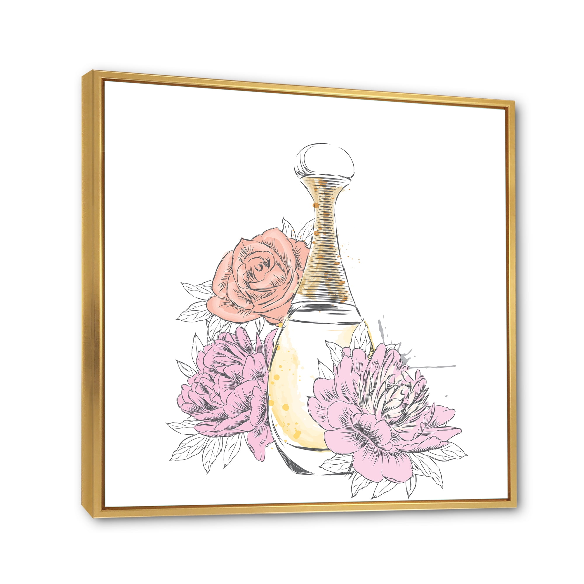Bouquet of Flowers and Perfume Bottle I 16 in x 16 in Framed Painting Canvas Art Print, by Designart