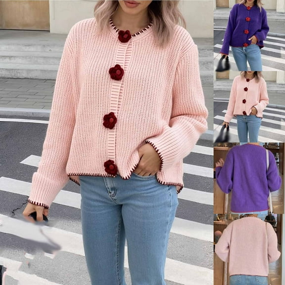 Karight Womens Sweaters Long Sleeve Button Down Winter Open Front Crewneck Chunky Cardigan Sweaters for Women