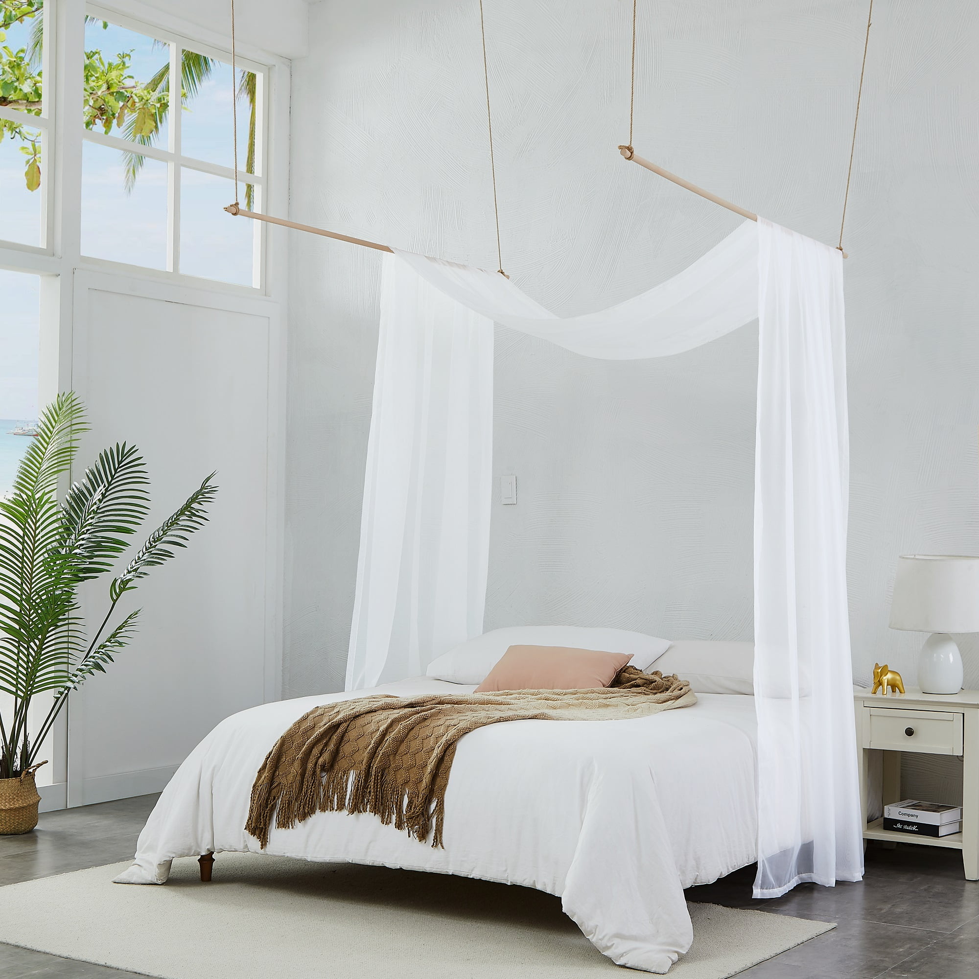 WARM HOME DESIGNS Set of 2 White Twin Canopy Bed Curtains in 55 x 144 inch Size. BE Double White 144