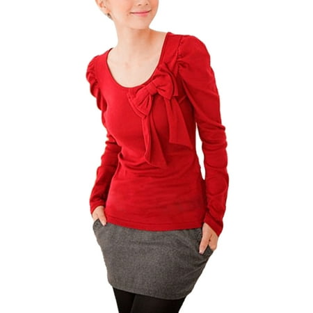 Women's Puff Sleeves Pullover Slim Top Red (Size XL /