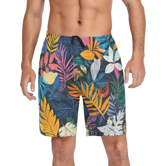 Men’s Sleep Shorts Relaxed Fit Lounge Pants with Pockets Mens Pajama Loungewear Home Wear Comfort Colorful Various Leaves Small