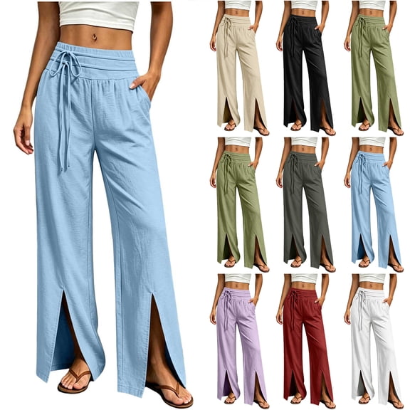 Bloomae Wide Leg Pants for Women Loose Flowy Palazzo Side Drawstring Pleated Elastic Waist Lounge Trousers Summer Beach Vacation High Slit Hem Pants with Pockets